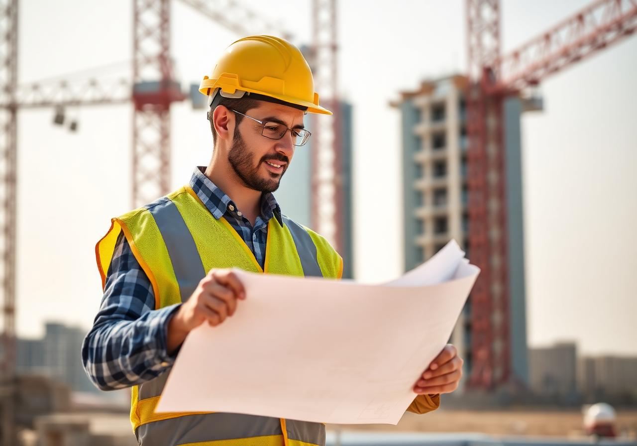 Engineer reviewing blueprints on site
